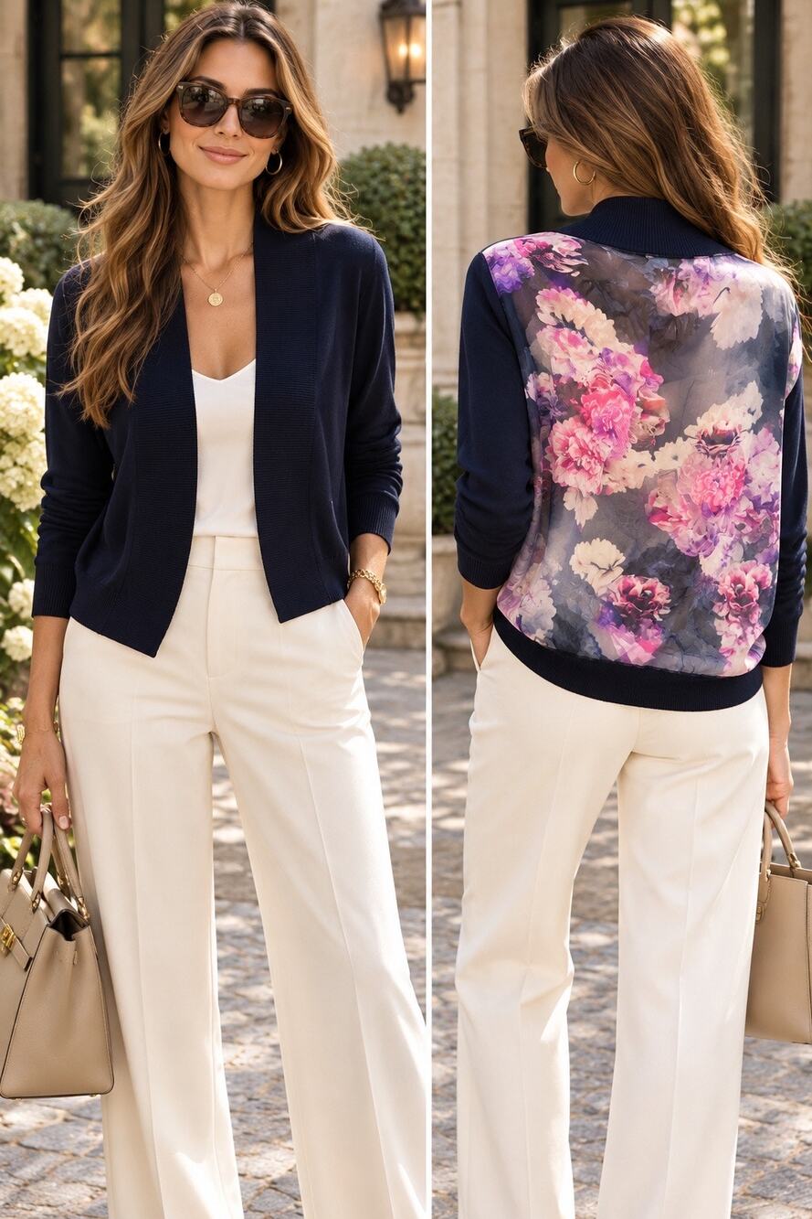 Romantic Silk Cashmere Floral Chiffon Cardigan Quiet Luxury Navy Magaschoni L